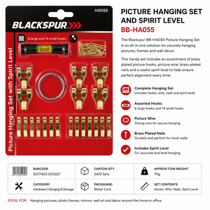 Blackspur Picture Hanging Set with Spirit Level – Hooks, Wire & Nails