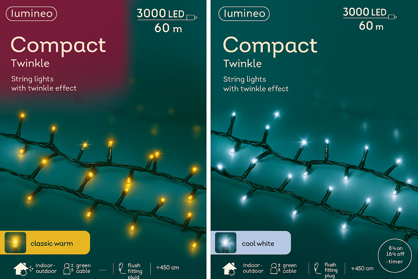 Kaemingk Lumineo Compact Twinkle LED Lights – Classic Warm & Cool White, 3000 LEDs, 60m, 2 Colours