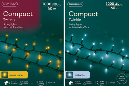 Kaemingk Lumineo Compact Twinkle LED Lights – Classic Warm & Cool White, 3000 LEDs, 60m, 2 Colours