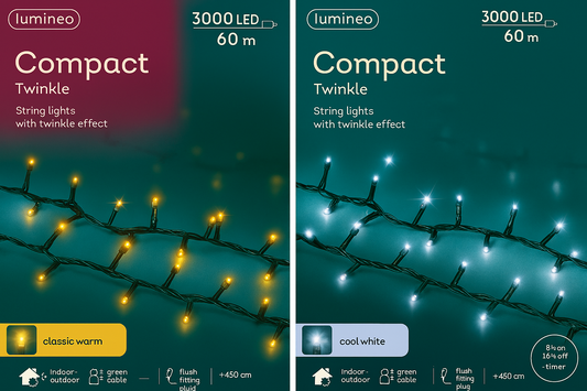 Kaemingk Lumineo Compact Twinkle LED Lights – Classic Warm & Cool White, 3000 LEDs, 60m, 2 Colours