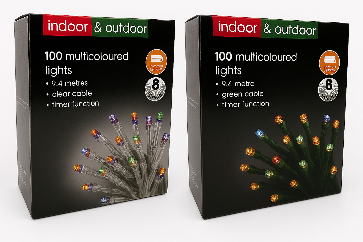 100 Multicoloured Indoor & Outdoor Lights – 8 Effects with Timer, 9.4 metres, Colour Options