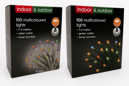 100 Multicoloured Indoor & Outdoor Lights – 8 Effects with Timer, 9.4 metres, Colour Options