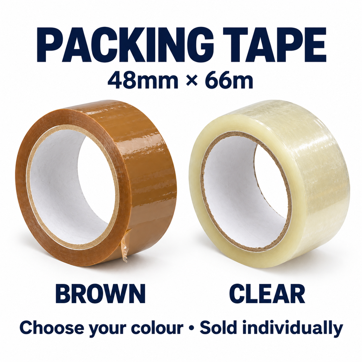 Packing tape 48mm x 66m: Brown and Clear colour choices, sold individually.