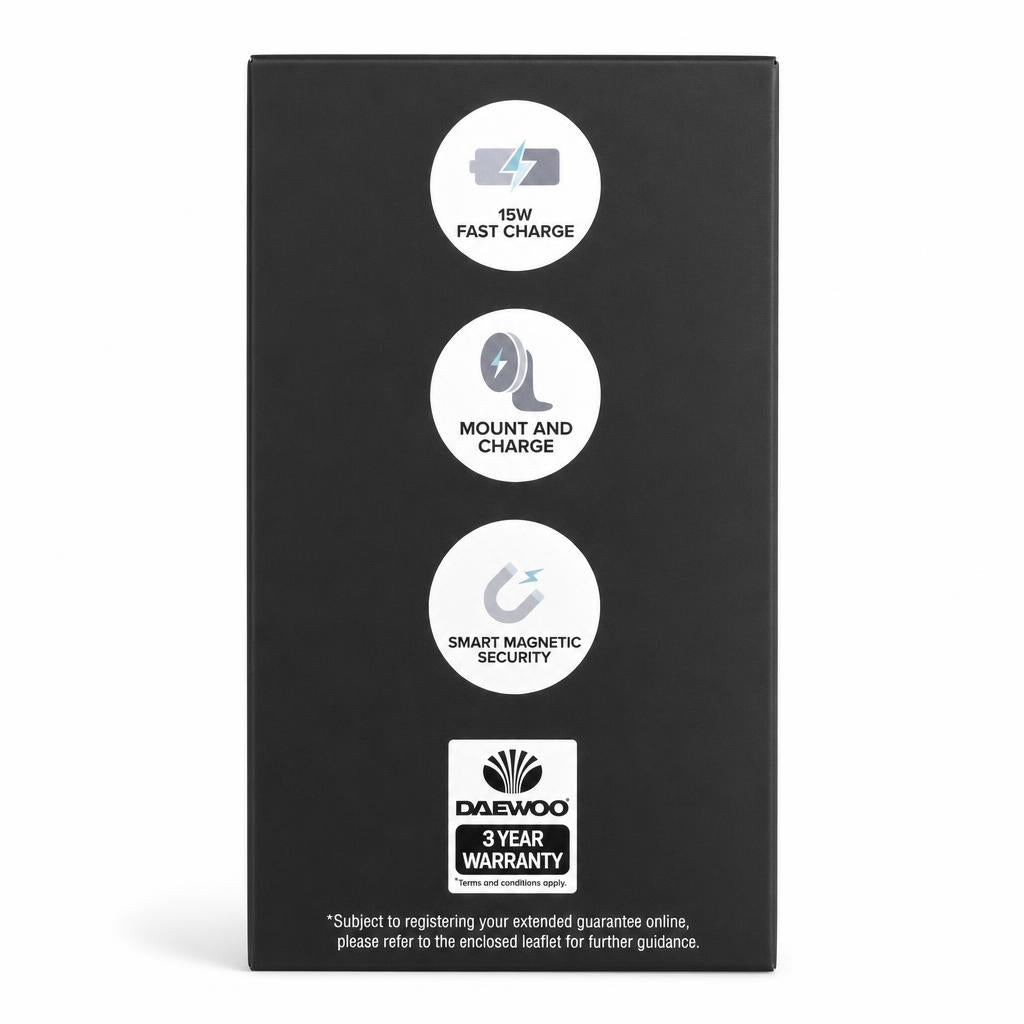 Features of Daewoo 15W Magnetic Wireless Car Charger on side of packaging