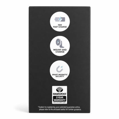 Features of Daewoo 15W Magnetic Wireless Car Charger on side of packaging