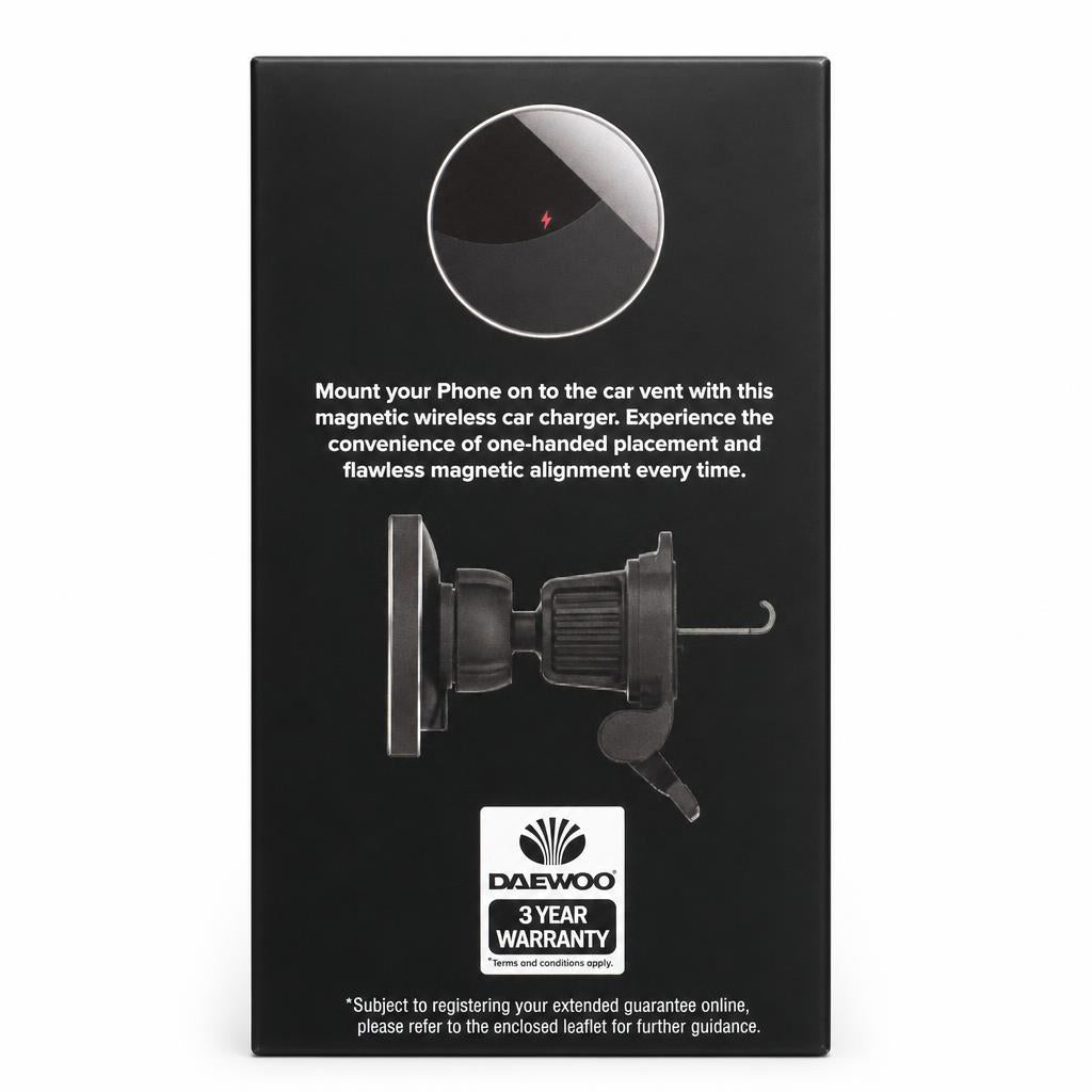 Daewoo 15W Magnetic Wireless Car Charger product features and warranty information