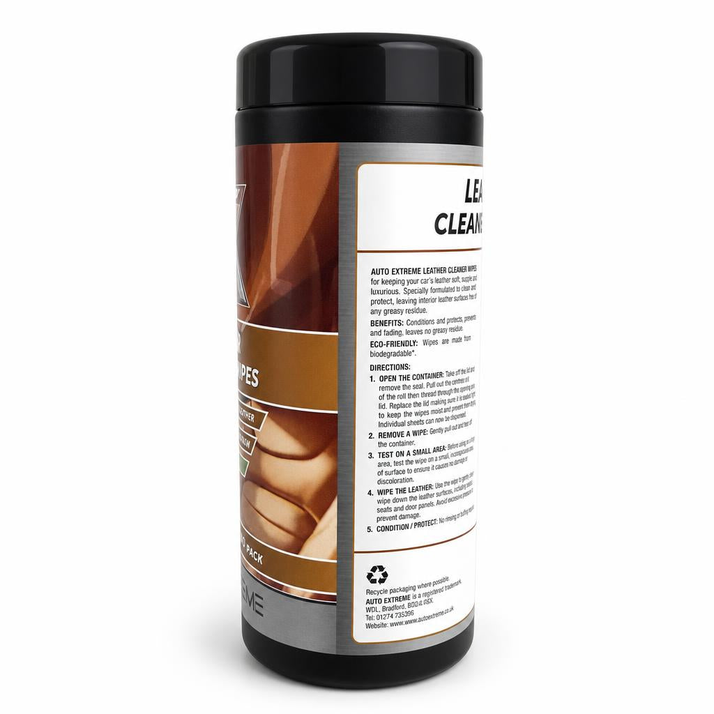 Auto Extreme Leather Cleaning Wipes side with benefits and directions