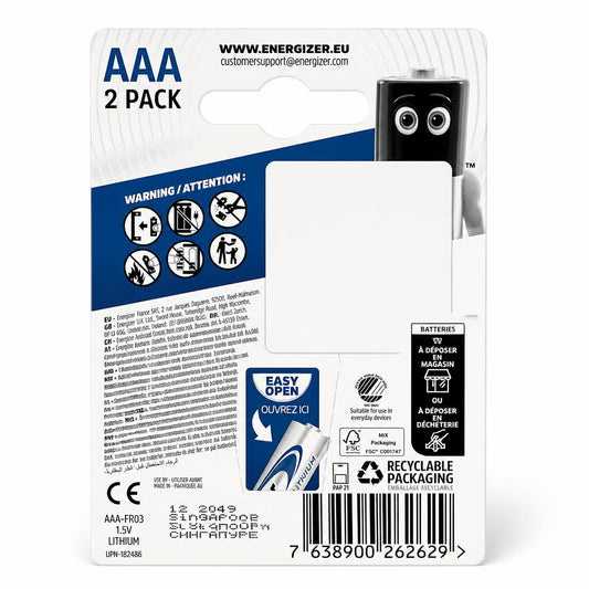 Back view of Energizer Ultimate Lithium AAA Batteries packaging