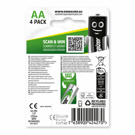 Back view of Energizer AA Rechargeable Batteries packaging
