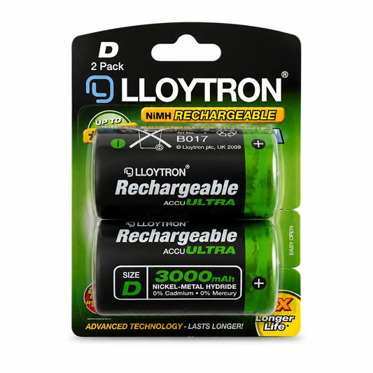 Front packaging of Lloytron Rechargeable D Batteries