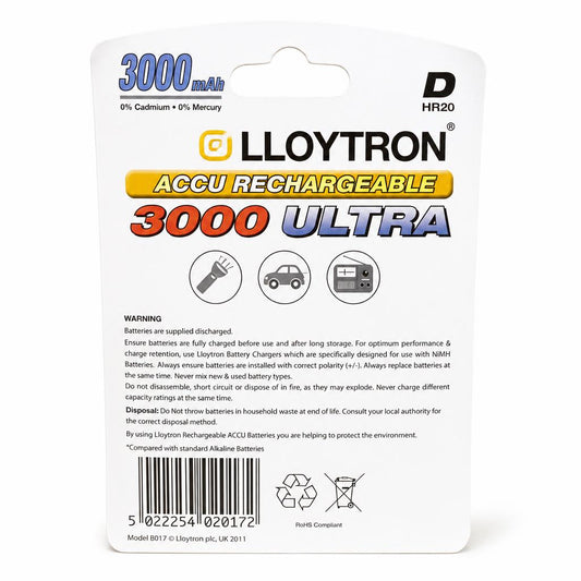 Back packaging of Lloytron Rechargeable D Batteries