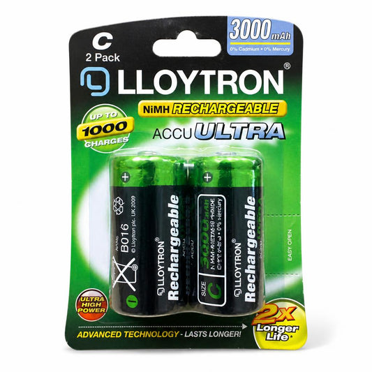 Front view of Lloytron rechargeable batteries packaging