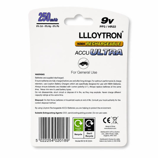 Lloytron 9V Rechargeable Battery packaging back