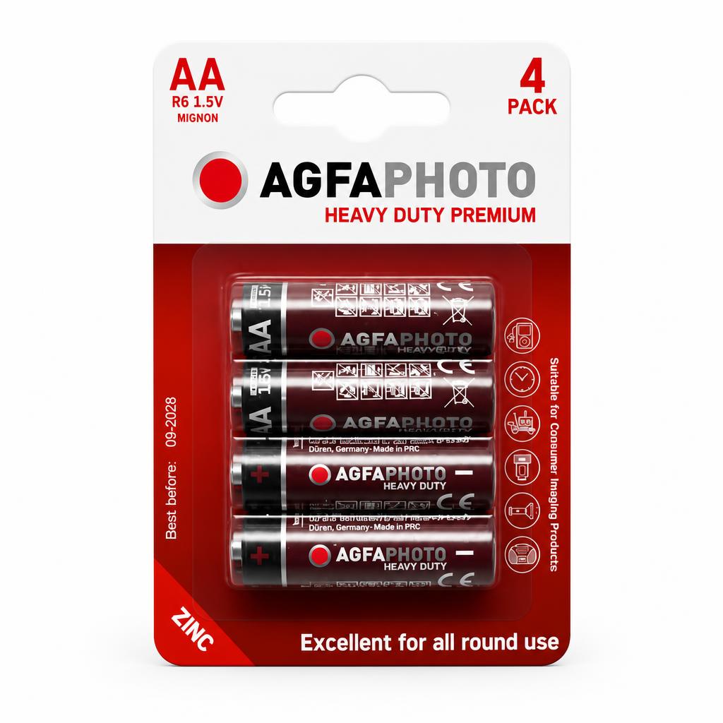 Front view of AgfaPhoto AA Heavy Duty Premium Batteries in a blister pack