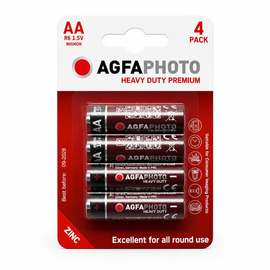 Front view of AgfaPhoto AA Heavy Duty Premium Batteries in a blister pack