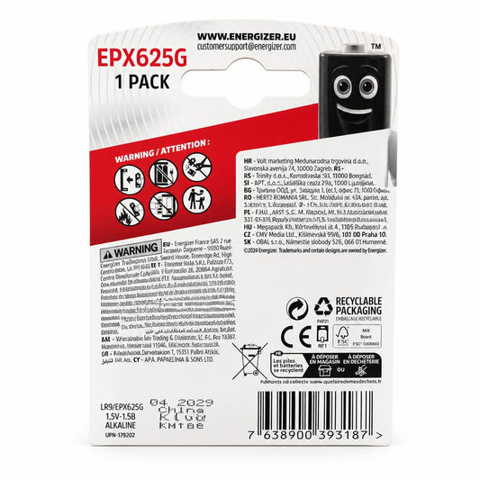 Energizer EPX625G 1.5V Alkaline Battery packaging back view