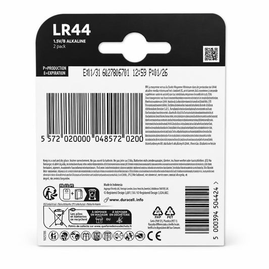 Back view of Duracell LR44 Alkaline Batteries packaging