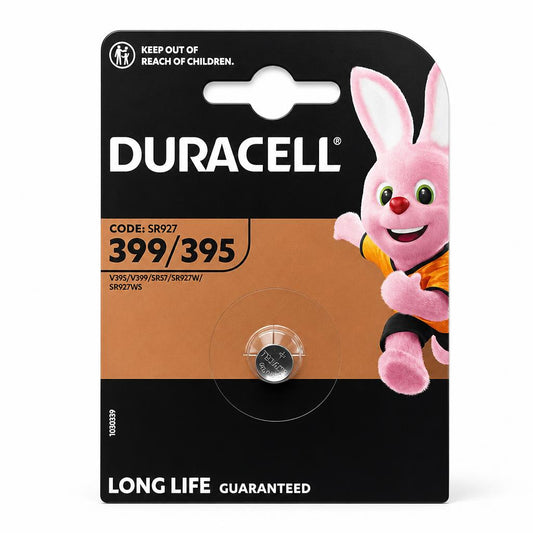 Front view of Duracell 399/395 SR927 Silver Oxide Battery packaging