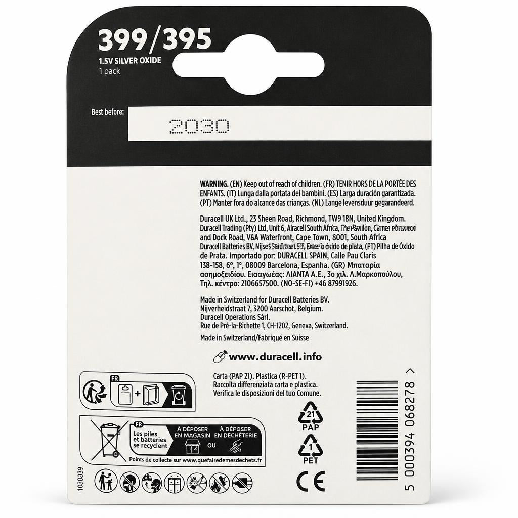 Back view of Duracell 399/395 SR927 Silver Oxide Battery packaging