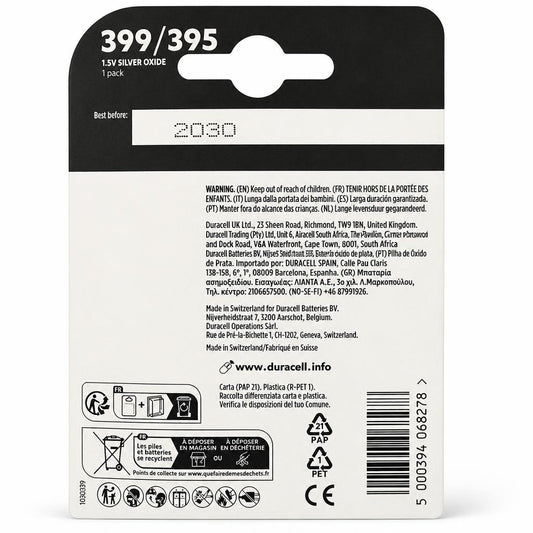 Back view of Duracell 399/395 SR927 Silver Oxide Battery packaging