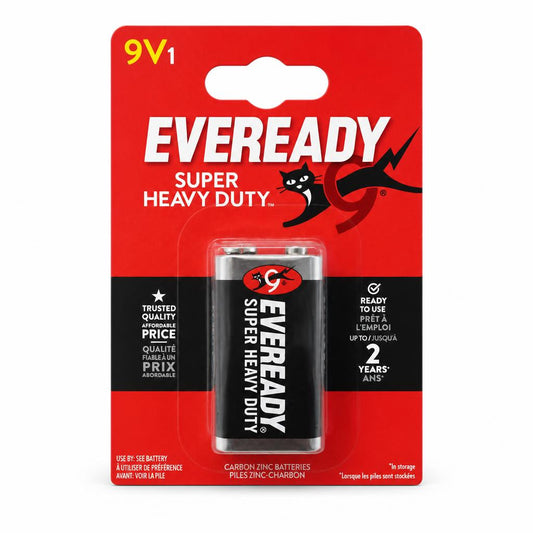 Front of Eveready Super Heavy Duty 9V Battery Packaging