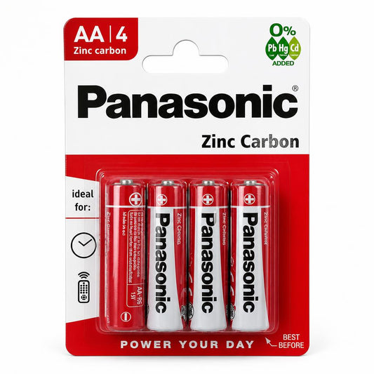 Packaging of Panasonic AA Zinc Carbon Batteries showing 4 AA batteries