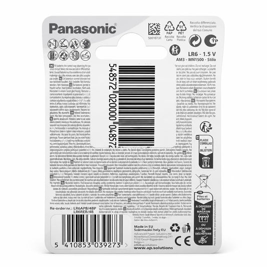 Back view of Panasonic Alkaline Power AA Batteries packaging
