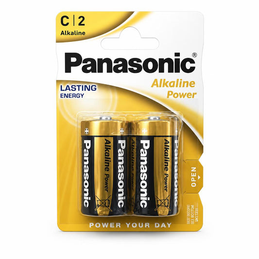 Front view of Panasonic Alkaline Power C Batteries in packaging