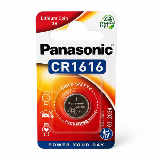 Front view of Panasonic CR1616 Lithium Coin Battery packaging