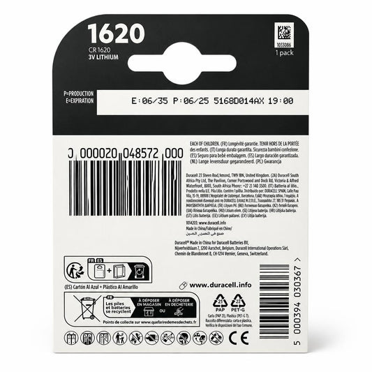 Duracell CR 1620 Battery packaging back details