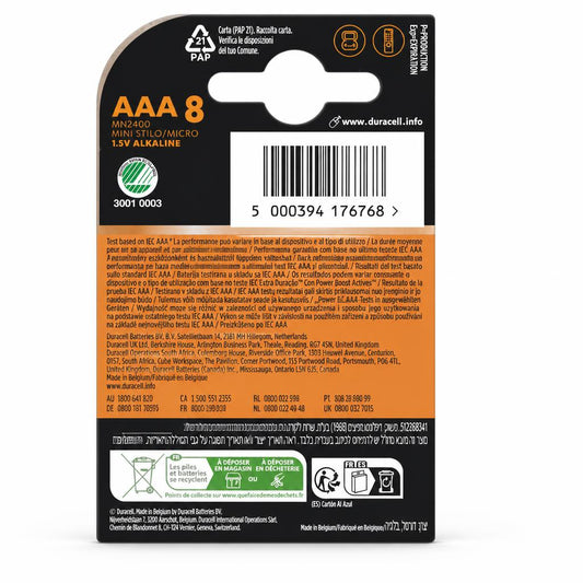 Duracell Plus AAA Batteries Pack of 8 Back Packaging