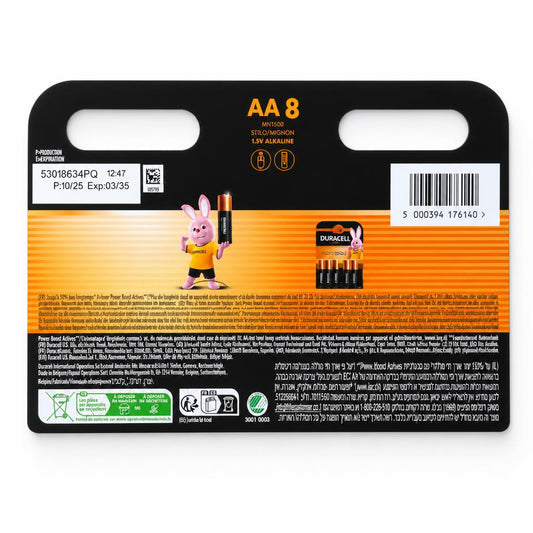 Duracell Plus AA Batteries 8 Pack packaging back