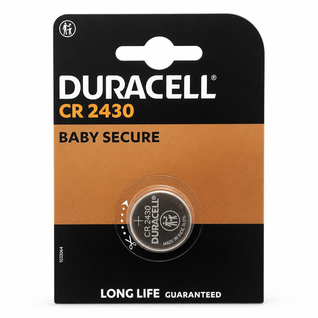 Front view of Duracell CR2430 Baby Secure battery packaging
