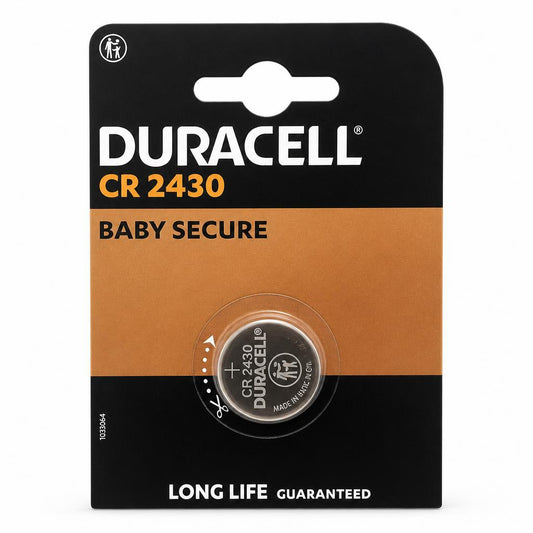 Front view of Duracell CR2430 Baby Secure battery packaging