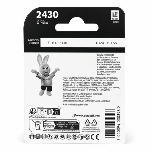 Back view of Duracell CR2430 battery packaging with specifications