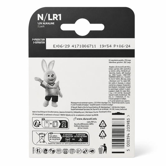 Back view of Duracell N/LR1 Alkaline Batteries packaging