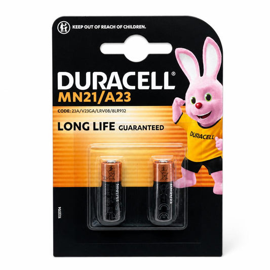 Front view of Duracell MN21/A23 batteries packaging