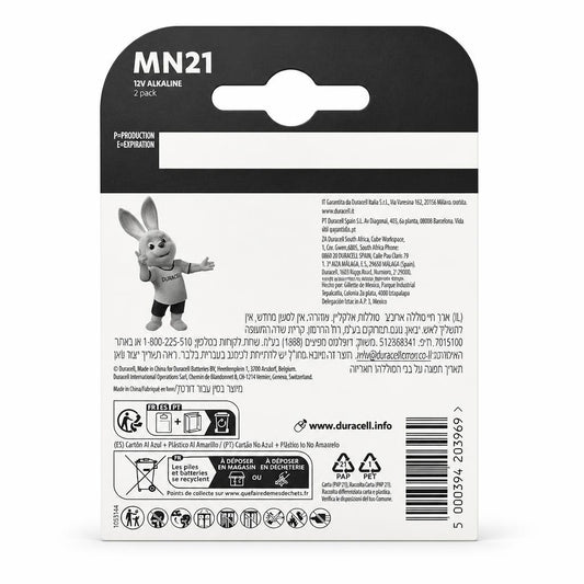 Back view of Duracell MN21/A23 batteries packaging showing details