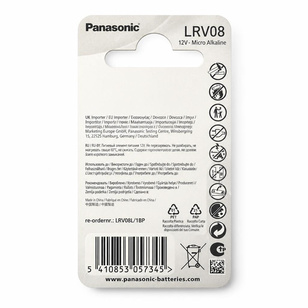Back of Panasonic LRV08 Battery Packaging