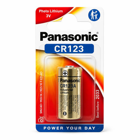 Front of Panasonic CR123 Photo Lithium Battery packaging
