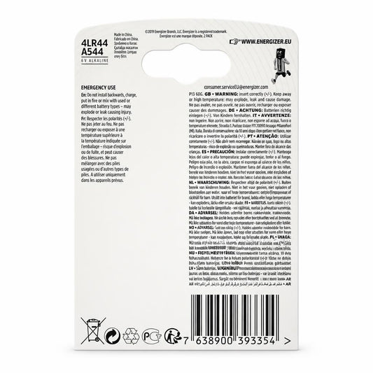 Energizer 4LR44 A544 Alkaline Batteries Back Packaging