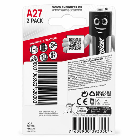 Back packaging details of Energizer A27 Alkaline Batteries 2 Pack