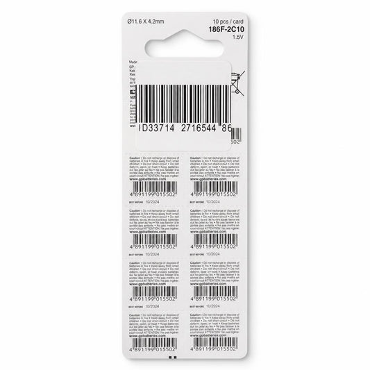 Back of GP Alkaline Cell 186F packaging