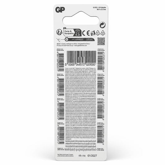 Back view of GP Alkaline Cell 164 packaging with barcode