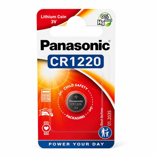 Front view of Panasonic CR1220 Lithium Coin Battery packaging
