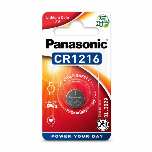 Front view of Panasonic CR1216 Lithium Coin Battery packaging