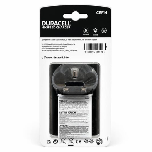 Back of Duracell Hi-Speed Charger package showing details.