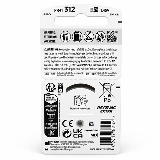 Rayovac Extra 312 Hearing Aid Batteries 6 Pack back