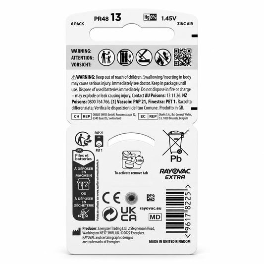 Rayovac Extra Hearing Aid Batteries Size 13 back packaging