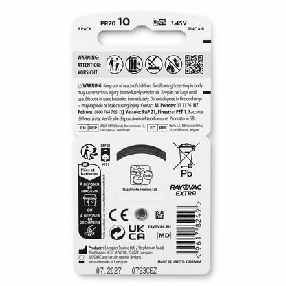 Rayovac Extra Hearing Aid Batteries Size 10 packaging back view